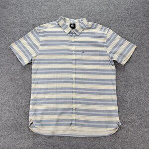 Quiksilver Shirt Mens 2XL‎ White Blue Striped Short Sleeve Modern Button Up